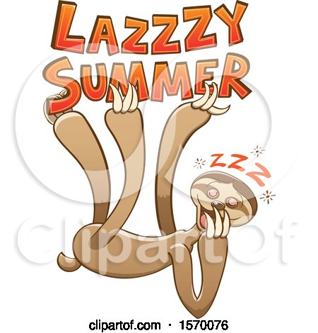 Clipart of a Sleeping Sloth Hanging from Lazy Summer Text - Royalty Free Vector Illustration by Zooco