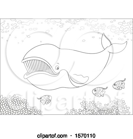 Clipart of a Lineart Whale Swimming with Fish - Royalty Free Vector Illustration by Alex Bannykh