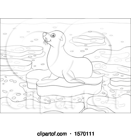 Clipart of a Lineart Cute Seal on an Ice Floe - Royalty Free Vector Illustration by Alex Bannykh