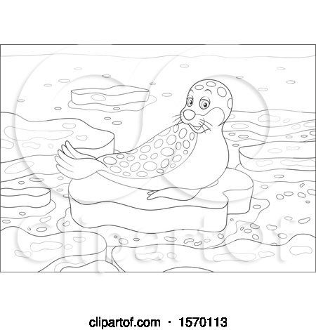 Clipart of a Lineart Spotted Seal on an Ice Floe - Royalty Free Vector Illustration by Alex Bannykh