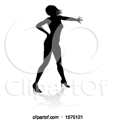 Clipart of a Silhouetted Female Dancer with a Reflection or Shadow, on a White Background - Royalty Free Vector Illustration by AtStockIllustration