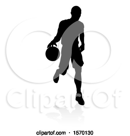 Clipart of a Silhouetted Basketball Player Dribbling, with a Reflection or Shadow, on a White Background - Royalty Free Vector Illustration by AtStockIllustration