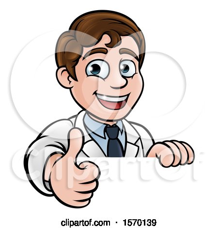 Clipart of a Happy White Male Scientist Giving a Thumb up over a Sign - Royalty Free Vector Illustration by AtStockIllustration