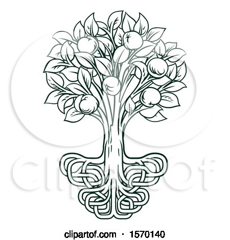 Clipart of a Dark Green Apple Tree with Stylized Roots - Royalty Free Vector Illustration by AtStockIllustration