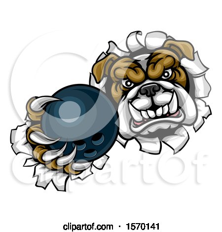 Clipart of a Tough Bulldog Monster Sports Mascot Holding out a Bowling Ball in One Clawed Paw and Breaking Through a Wall - Royalty Free Vector Illustration by AtStockIllustration