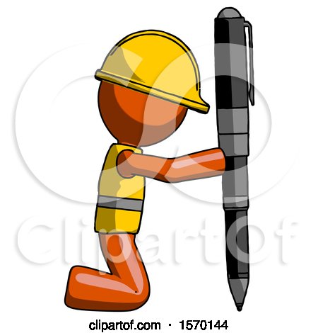 Orange Construction Worker Contractor Man Posing with Giant Pen in Powerful yet Awkward Manner by Leo Blanchette