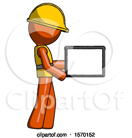 Orange Construction Worker Contractor Man Show Tablet Device Computer to Viewer, Blank Area by Leo Blanchette