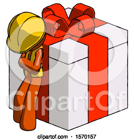 Orange Construction Worker Contractor Man Leaning on Gift with Red Bow Angle View by Leo Blanchette