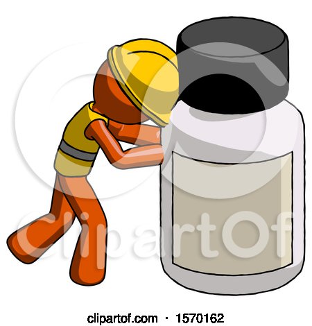 Orange Construction Worker Contractor Man Pushing Large Medicine Bottle by Leo Blanchette
