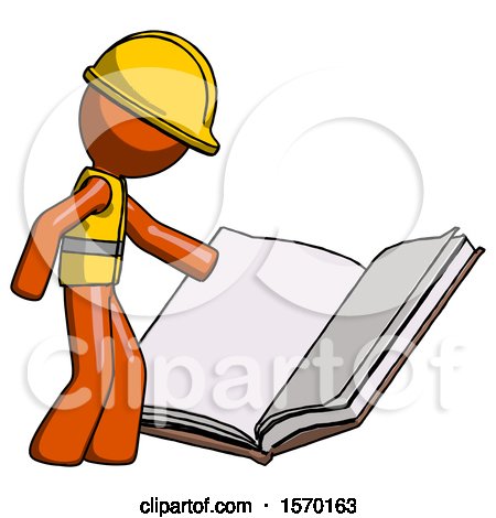 Orange Construction Worker Contractor Man Reading Big Book While Standing Beside It by Leo Blanchette