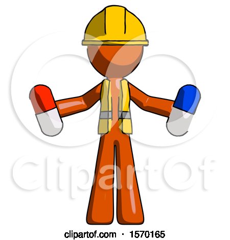 Orange Construction Worker Contractor Man Holding a Red Pill and Blue Pill by Leo Blanchette