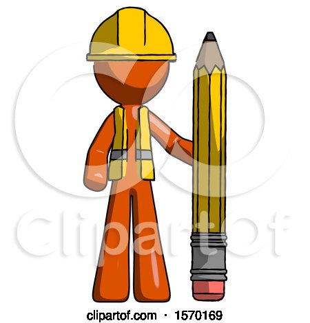 Orange Construction Worker Contractor Man with Large Pencil Standing Ready to Write by Leo Blanchette
