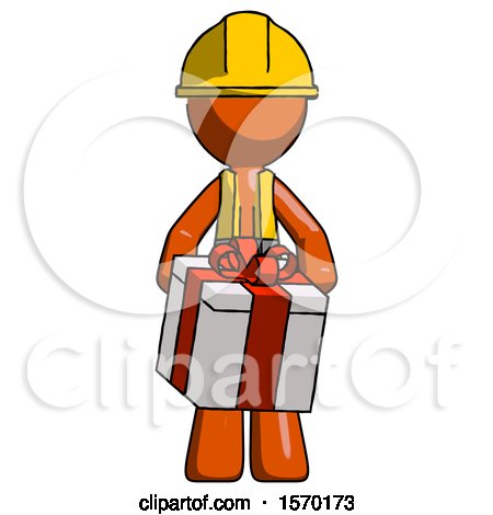 Orange Construction Worker Contractor Man Gifting Present with Large Bow Front View by Leo Blanchette