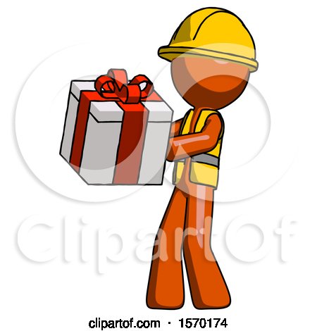 Orange Construction Worker Contractor Man Presenting a Present with Large Red Bow on It by Leo Blanchette