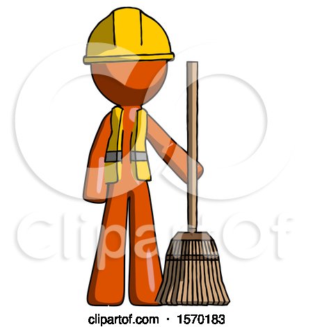 Orange Construction Worker Contractor Man Standing with Broom Cleaning Services by Leo Blanchette