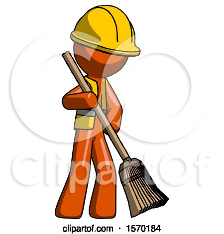 Orange Construction Worker Contractor Man Sweeping Area with Broom by Leo Blanchette