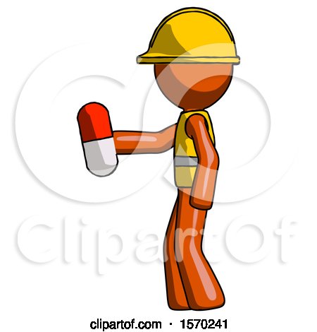 Orange Construction Worker Contractor Man Holding Red Pill Walking to Left by Leo Blanchette