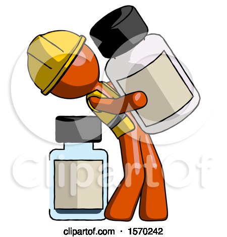 Orange Construction Worker Contractor Man Holding Large White Medicine Bottle with Bottle in Background by Leo Blanchette