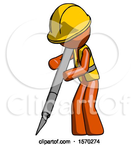 Orange Construction Worker Contractor Man Cutting with Large Scalpel by Leo Blanchette