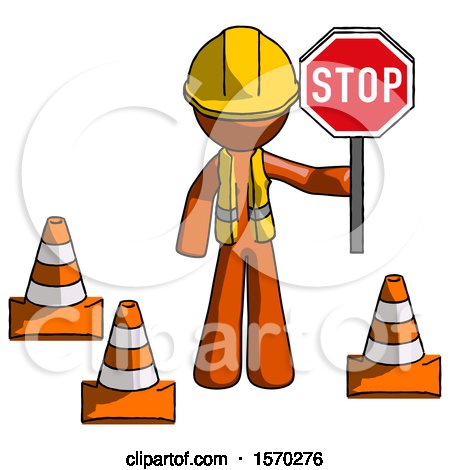 Orange Construction Worker Contractor Man Holding Stop Sign by Traffic Cones Under Construction Concept by Leo Blanchette