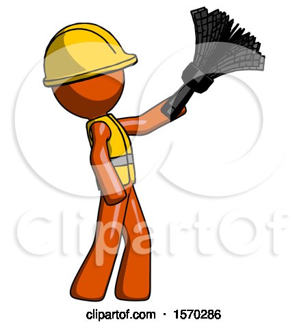Orange Construction Worker Contractor Man Dusting with Feather Duster Upwards by Leo Blanchette