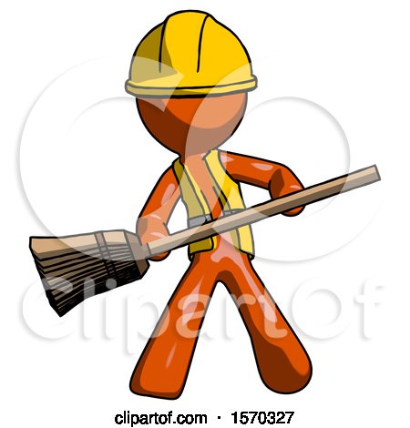Orange Construction Worker Contractor Man Broom Fighter Defense Pose by Leo Blanchette