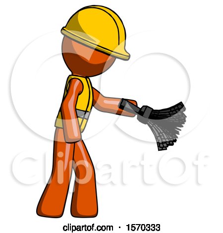 Orange Construction Worker Contractor Man Dusting with Feather Duster Downwards by Leo Blanchette