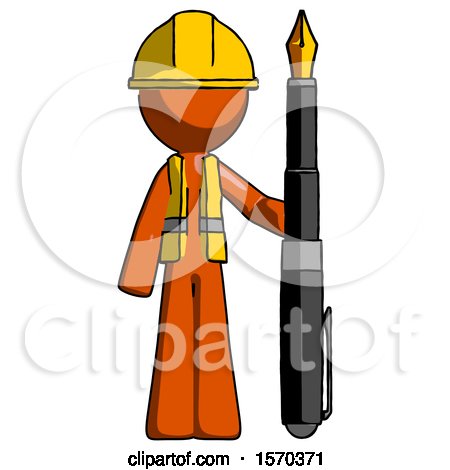 Orange Construction Worker Contractor Man Holding Giant Calligraphy Pen by Leo Blanchette