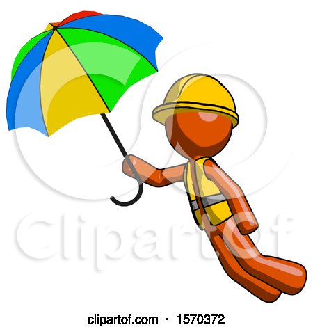 Orange Construction Worker Contractor Man Flying with Rainbow Colored Umbrella by Leo Blanchette