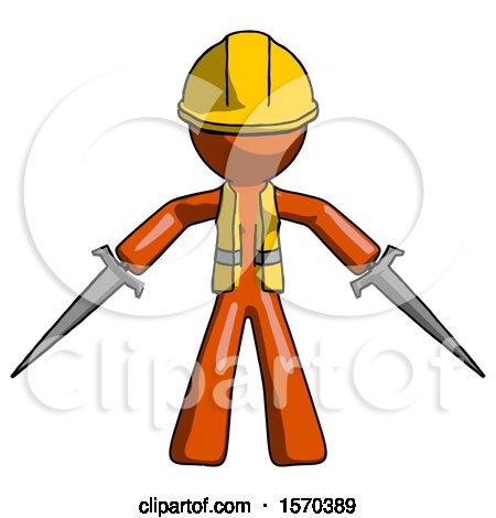 Orange Construction Worker Contractor Man Two Sword Defense Pose by Leo Blanchette