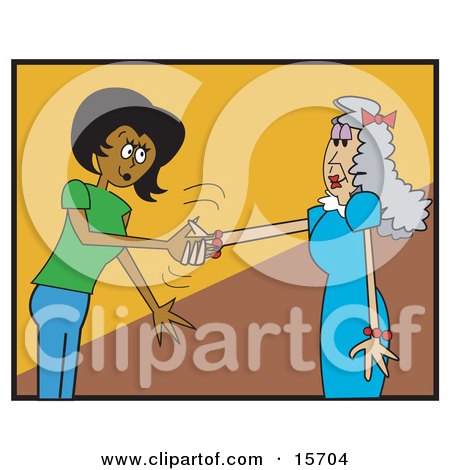 Friendly African American Woman Shaking Hands With An Elderly Gray Haired Caucasian Woman Clipart Illustration by Andy Nortnik