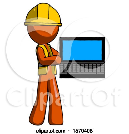 Orange Construction Worker Contractor Man Holding Laptop Computer Presenting Something on Screen by Leo Blanchette