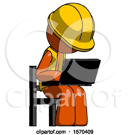 Orange Construction Worker Contractor Man Using Laptop Computer While Sitting in Chair Angled Right by Leo Blanchette
