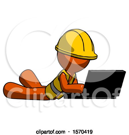 Orange Construction Worker Contractor Man Using Laptop Computer While Lying on Floor Side Angled View by Leo Blanchette