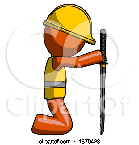 Orange Construction Worker Contractor Man Kneeling with Ninja Sword Katana Showing Respect by Leo Blanchette