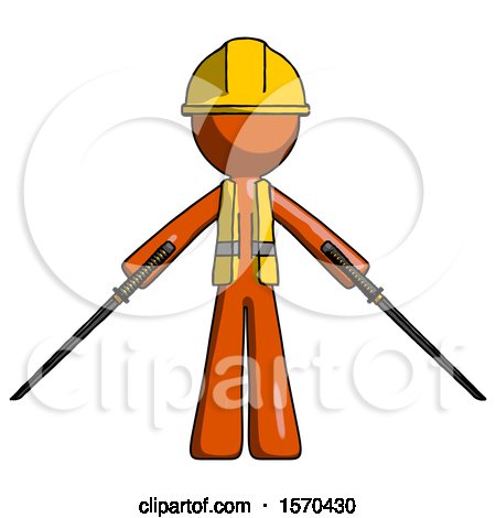 Orange Construction Worker Contractor Man Posing with Two Ninja Sword Katanas by Leo Blanchette