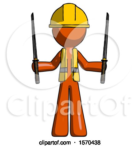 Orange Construction Worker Contractor Man Posing with Two Ninja Sword Katanas up by Leo Blanchette