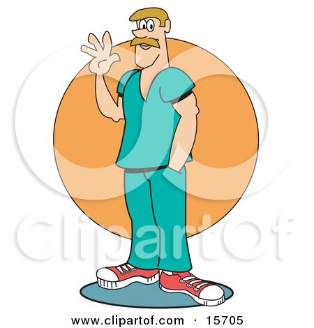 Male Nurse, Doctor Or Veterinarian Wearing Turquoise Scrubs And Waving Clipart Illustration by Andy Nortnik