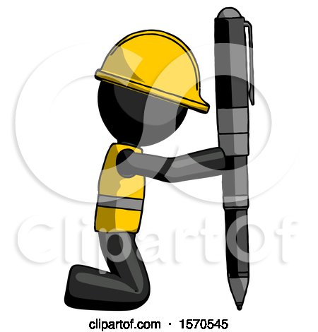 Black Construction Worker Contractor Man Posing with Giant Pen in Powerful yet Awkward Manner. by Leo Blanchette