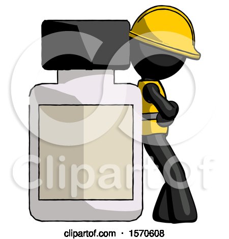 Black Construction Worker Contractor Man Leaning Against Large Medicine Bottle by Leo Blanchette