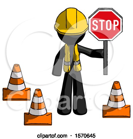 Black Construction Worker Contractor Man Holding Stop Sign by Traffic Cones Under Construction Concept by Leo Blanchette