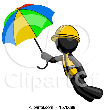 Black Construction Worker Contractor Man Flying with Rainbow Colored Umbrella by Leo Blanchette