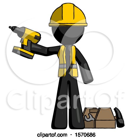 Black Construction Worker Contractor Man Holding Drill Ready to Work, Toolchest and Tools to Right by Leo Blanchette