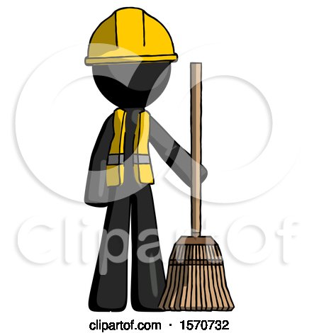 Black Construction Worker Contractor Man Standing with Broom Cleaning Services by Leo Blanchette