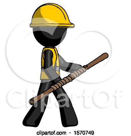 Black Construction Worker Contractor Man Holding Bo Staff in Sideways Defense Pose by Leo Blanchette