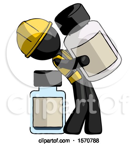 Black Construction Worker Contractor Man Holding Large White Medicine Bottle with Bottle in Background by Leo Blanchette