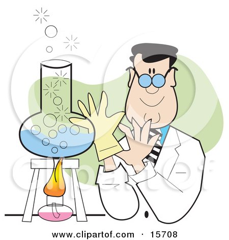 Happy Male Caucasian Scientist Mixing Ingredients In A Laboratory Flask Over Flames Clipart Illustration by Andy Nortnik
