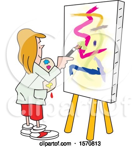 Clipart of a Cartoon Female Artist Painting an Abstract on a Canvas - Royalty Free Vector Illustration by Johnny Sajem