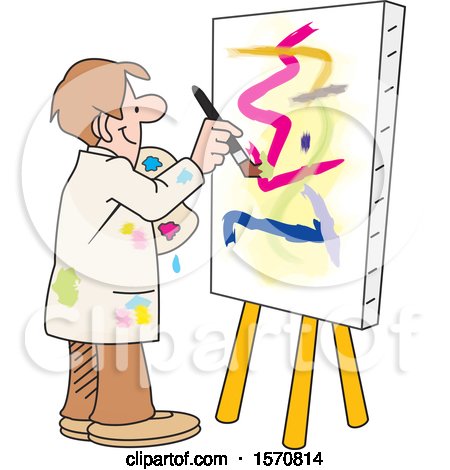 Clipart of a Cartoon Male Artist Painting an Abstract on a Canvas - Royalty Free Vector Illustration by Johnny Sajem
