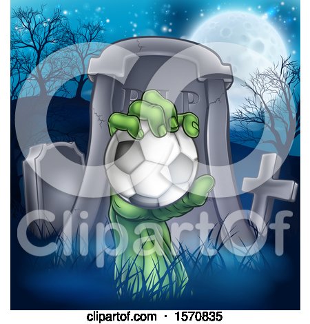Clipart of a Rising Zombie Hand Holding a Soccer Ball in a Cemetery - Royalty Free Vector Illustration by AtStockIllustration